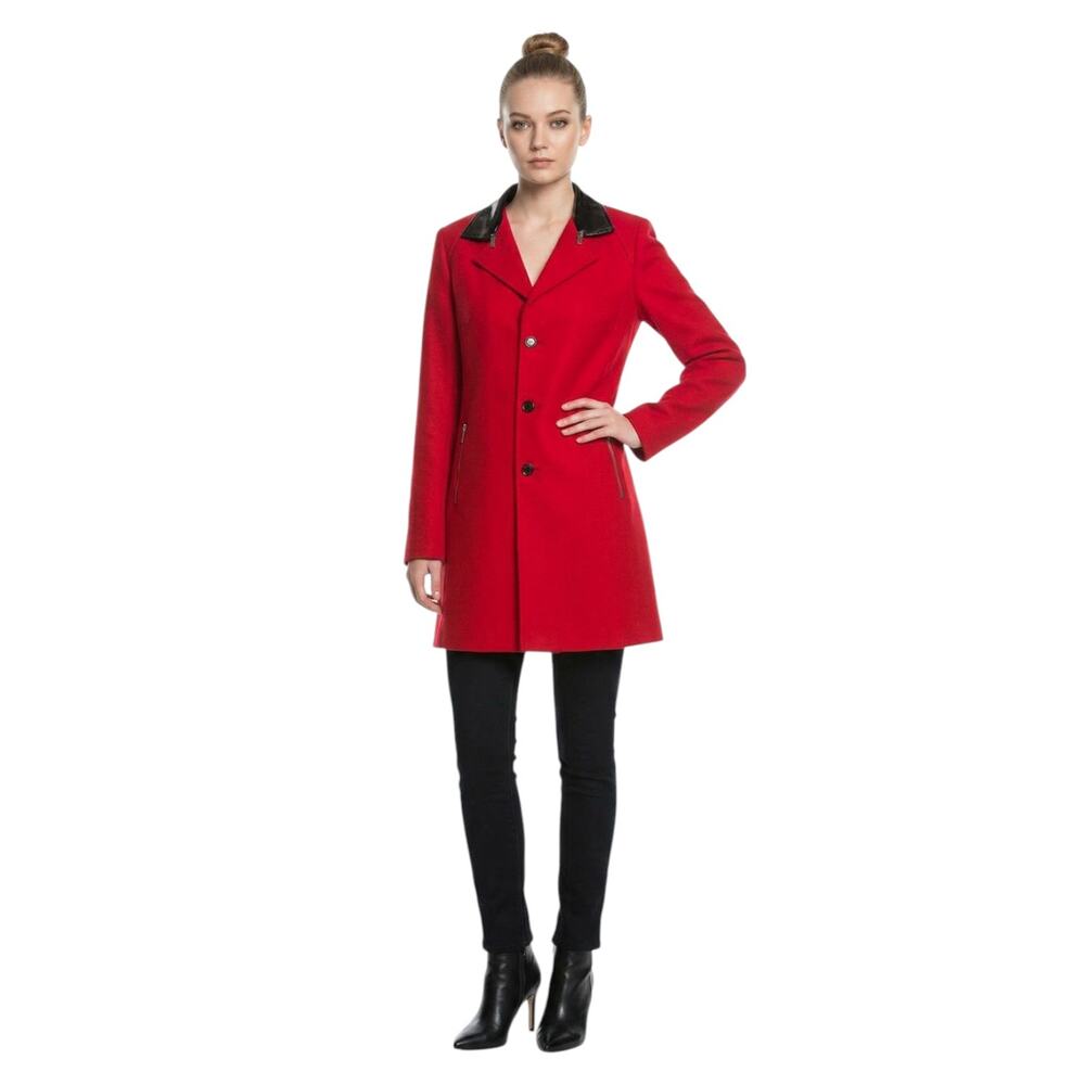 Michael Kors Red Leather Trim Embellishment Peacoat  XS /US2